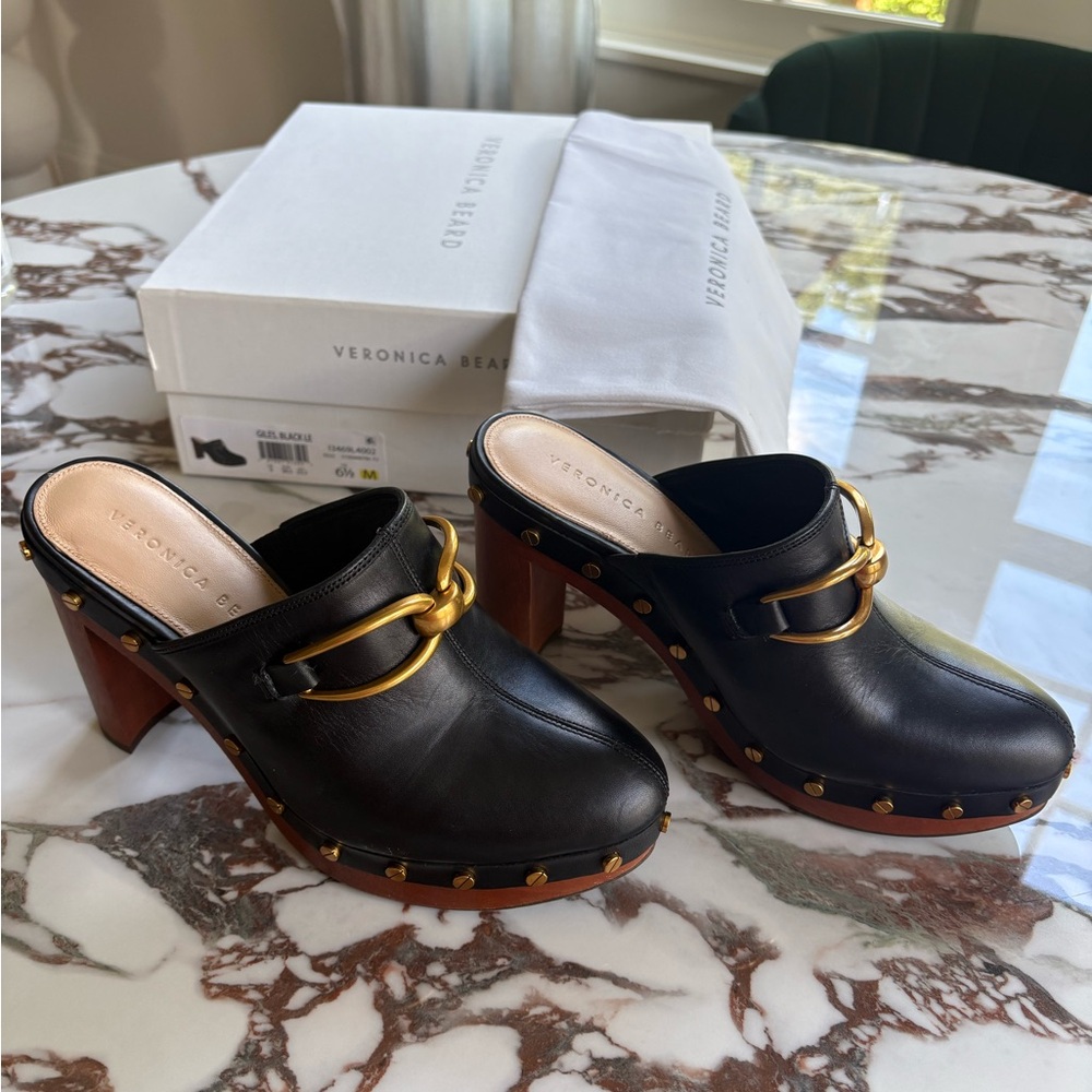 Veronica Beard Black and Gold Leather Mules